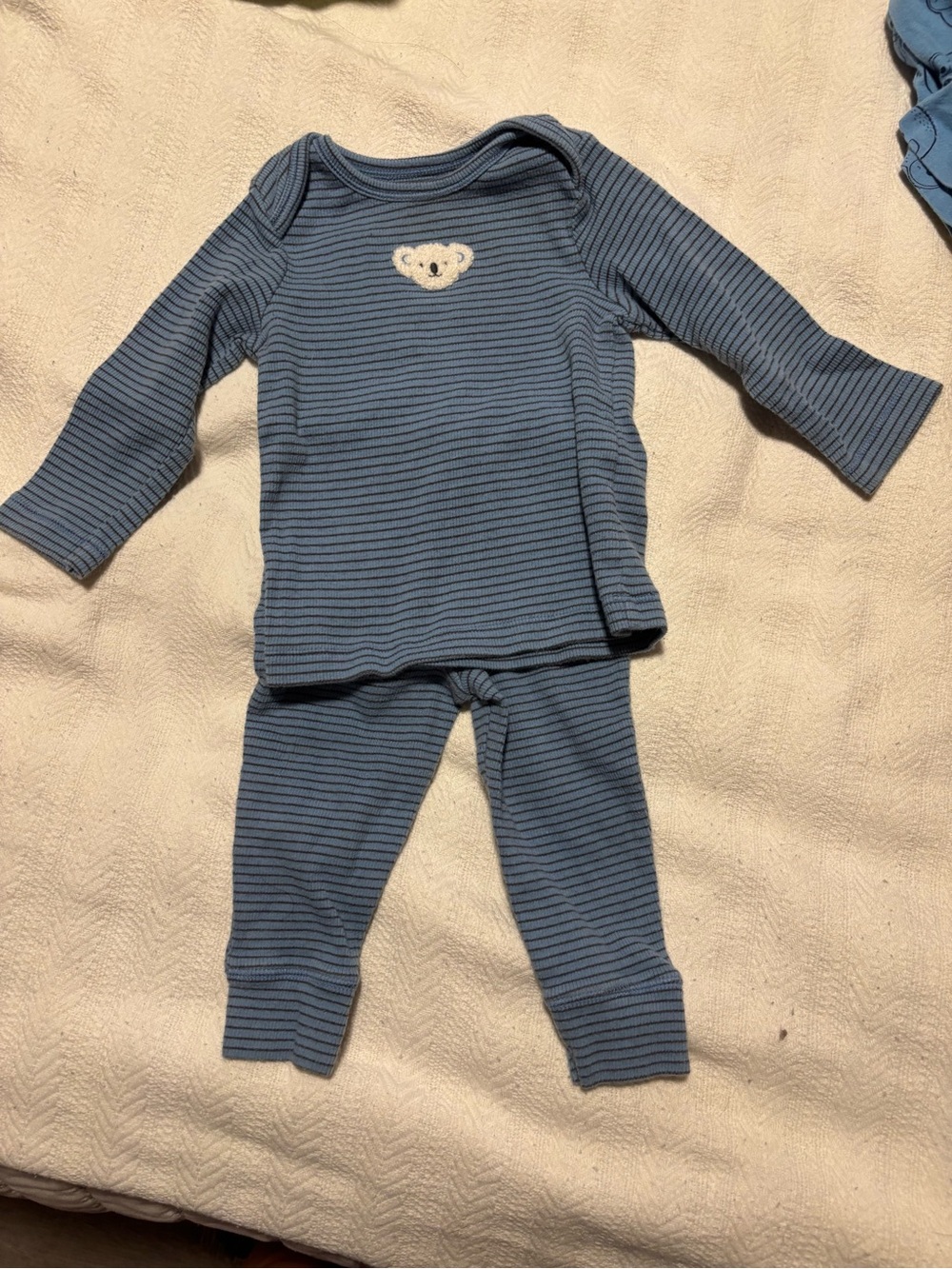 Blue Striped Baby Pajama Set with Bear Patch